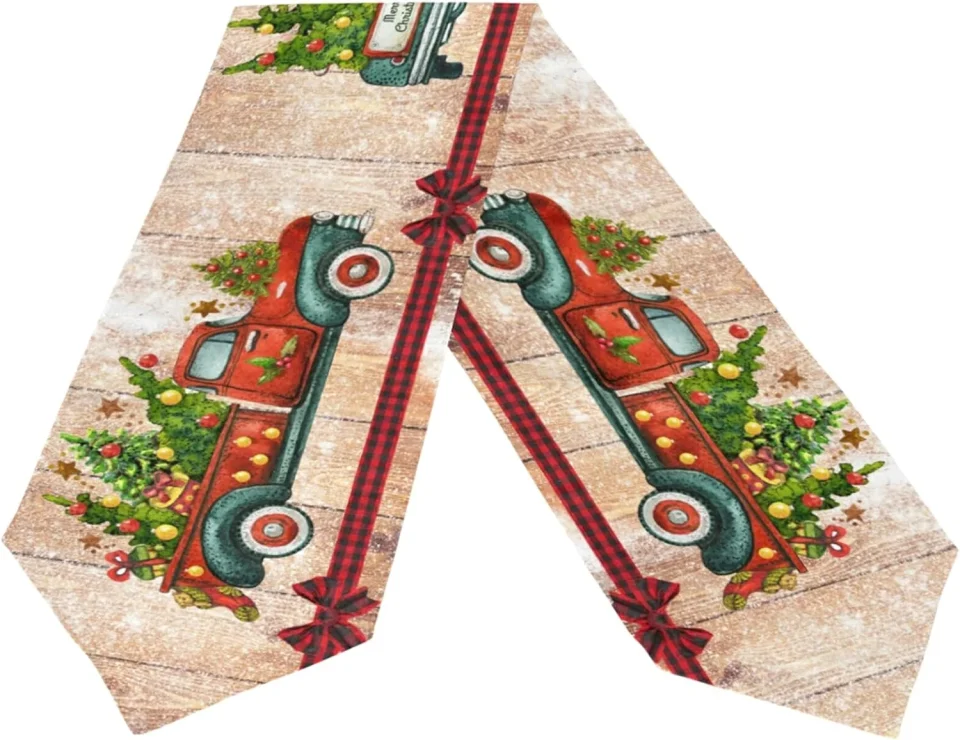 Best-Selling Dreamtimes Double Sided Christmas Truck Long Polyester Table Runner 13 x 90 Inches Christmas Tree Table Cloth Cover Placemats for Kitchen Dinning Living Holiday Wedding Party Decor