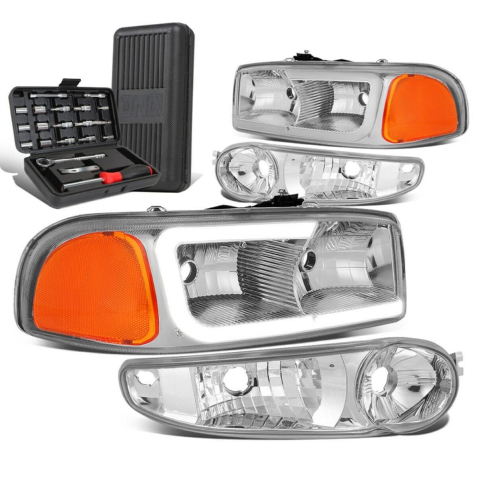 Baking 2000-2007 GMC Yukon XL Sierra Denali LED DRL Headlight+Tool Box Chrome/Amber