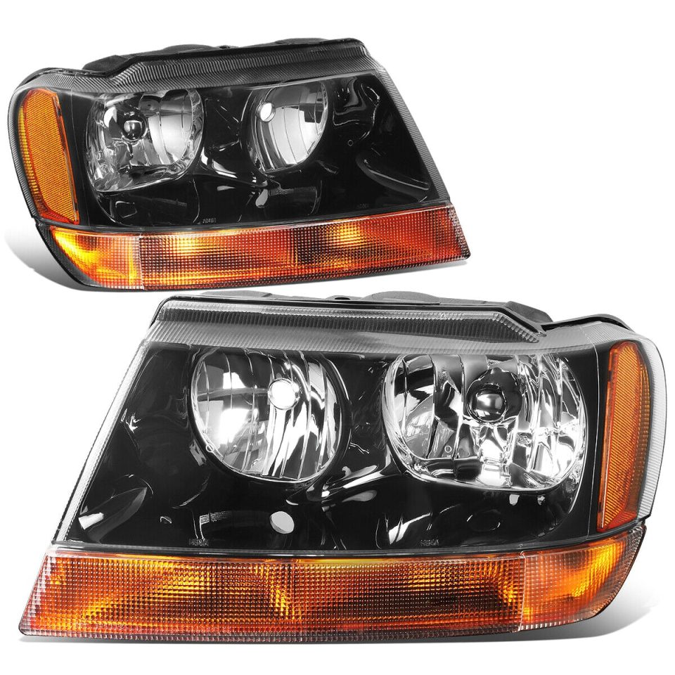 Supreme 1999-2004 Jeep Grand Cherokee Black Housing Amber Side+Fog Lamp Headlight