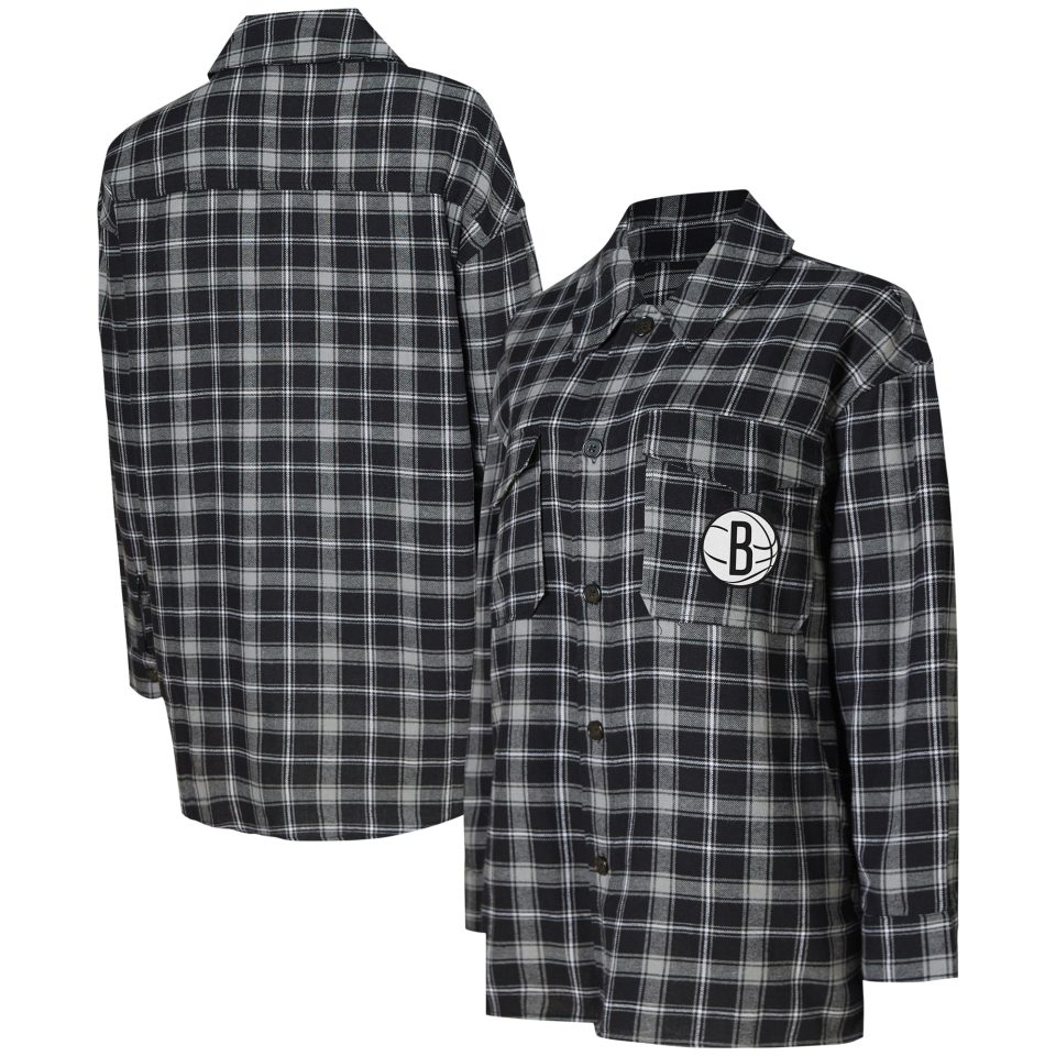 Food-Grade Outdoor Women's College Concepts Black/Gray Brooklyn Nets Boyfriend Button-Up Nightshirt