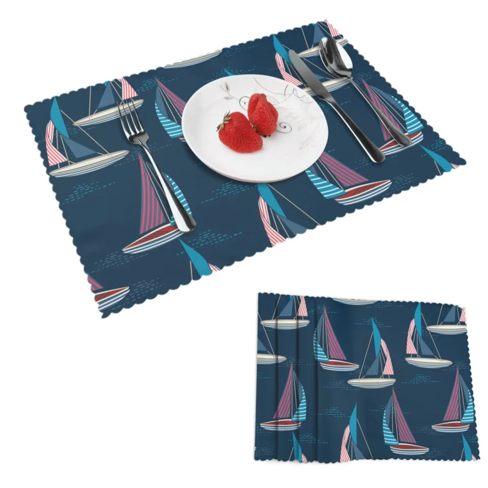 Bamboo Frosted DouZhe Polyester Placemats Set of 4, Ocean Beach Sailboat Surfing Pattern Heat Resistant Place Mats for Dining Table, 12 x 18