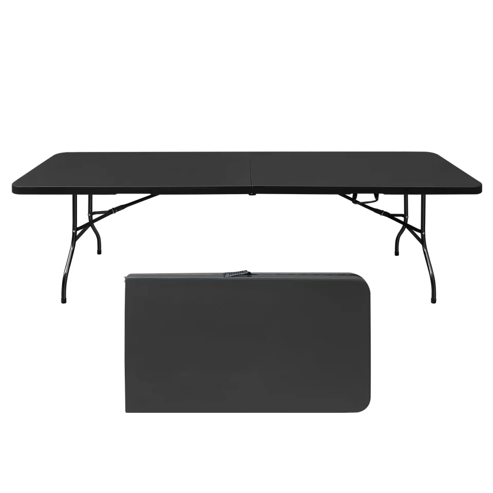 Eco-Friendly Al Fresco Folding Table 8ft Portable Heavy Duty Plastic Fold-in-Half Utility Foldable Table Plastic Dining Table Indoor Outdoor for Camping, Picnic and Party, Black