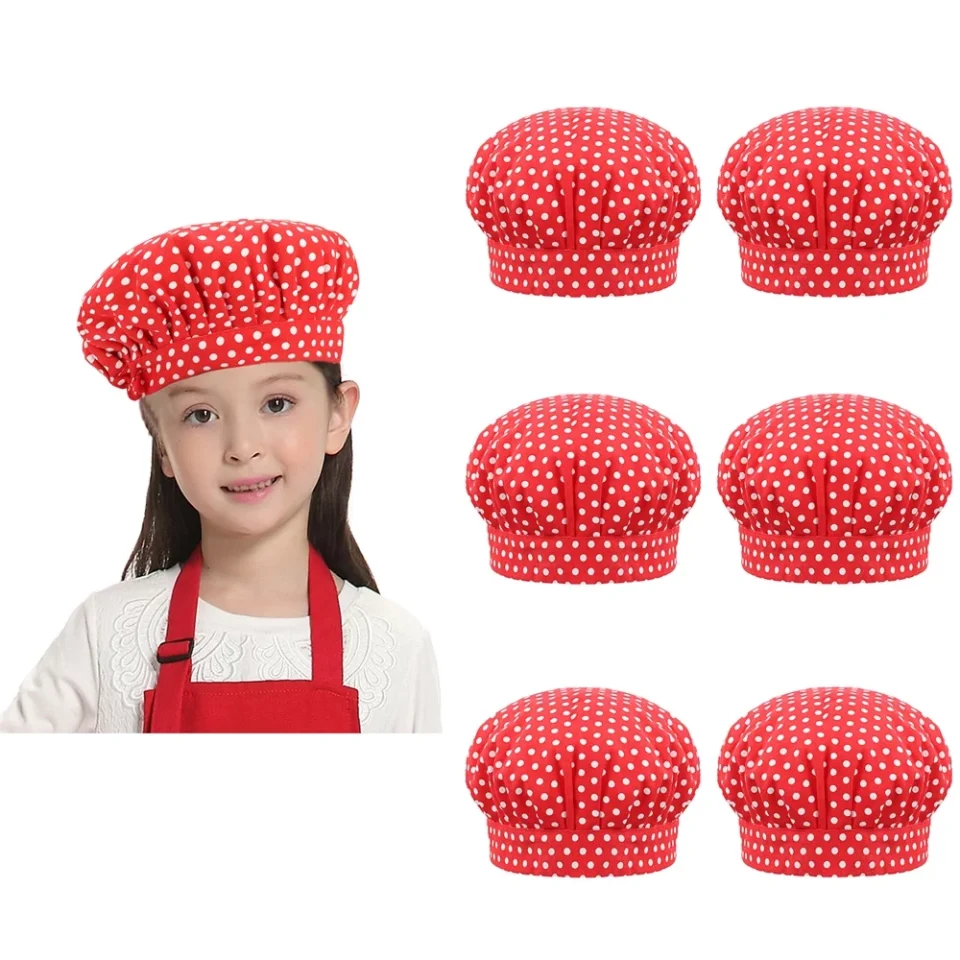 Cast Iron Durable Toptie 6 Pack Chef Hat for Kid & Adult, Cotton Elastic Adjustable Kitchen Cooking Baking Hat-Red Dot-S