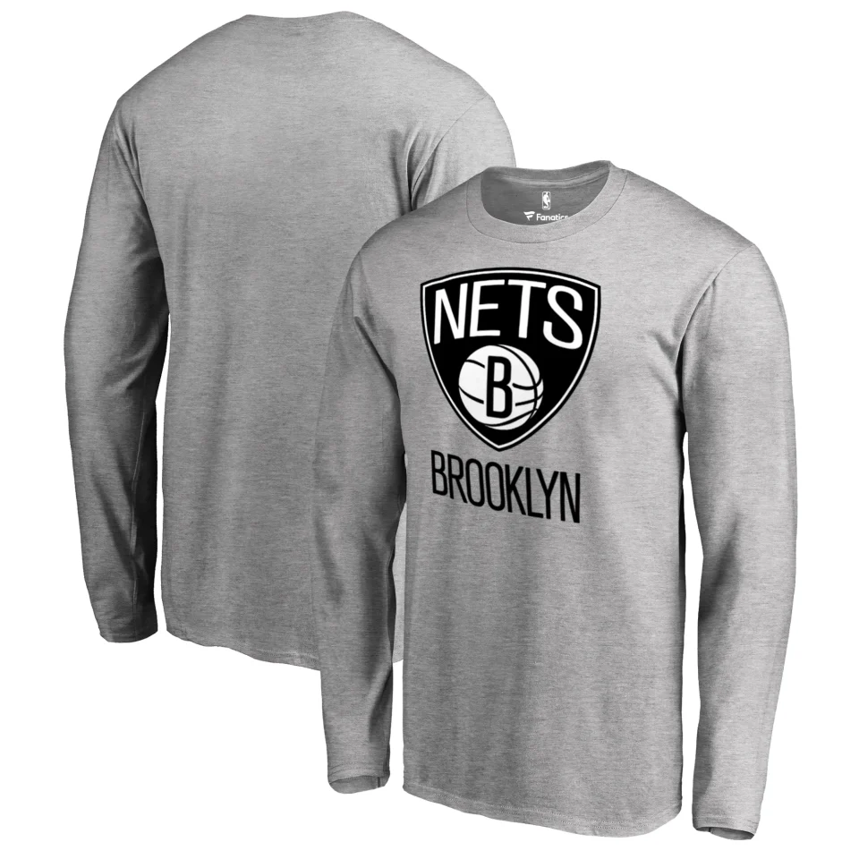 Polished Easy-Clean Men's Fanatics Branded Heather Gray Brooklyn Nets Primary Logo Long Sleeve T-Shirt