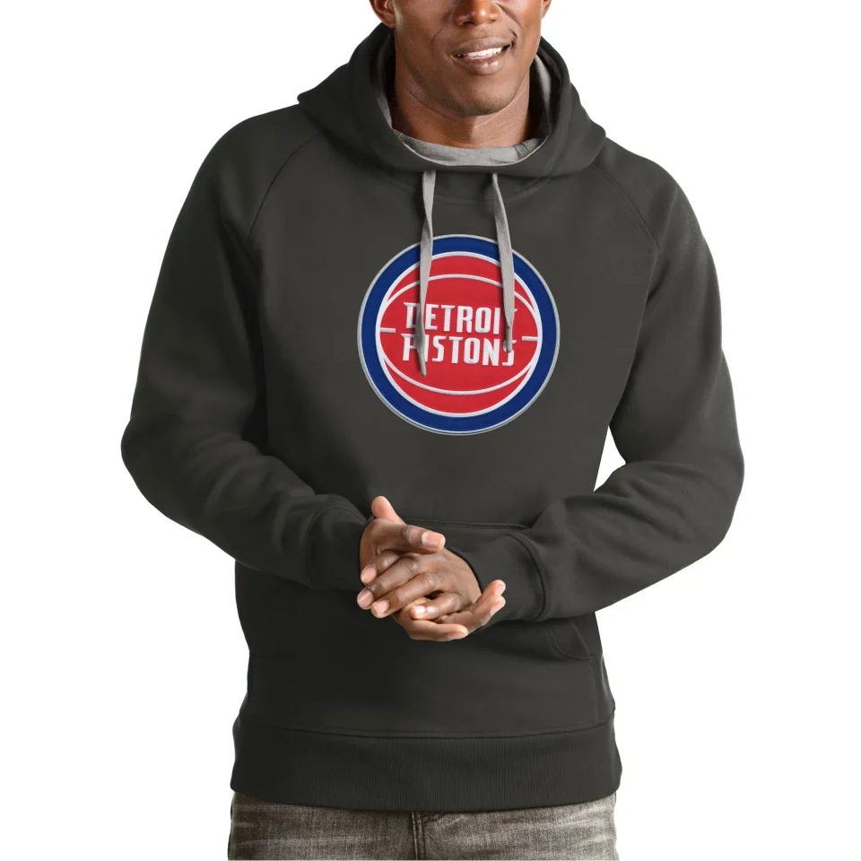 Supreme Glossy Men's Antigua Charcoal Detroit Pistons Team Logo Victory Pullover Hoodie