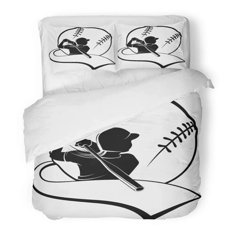 Frosted KXMDXA 3 Piece Bedding Set Silhouette Girl Softball Batter with Pennant Ball Women Athlete Black White White Twin Size Duvet Cover with 2 Pillowcase for Home Bedding Room Decoration
