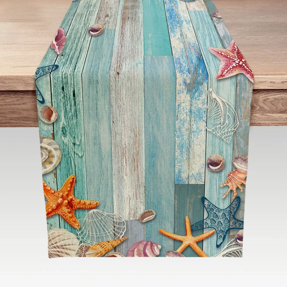 Clear Beach Table Runner, Summer Ocean Beach Seashell Starfish Table Runner for Kitchen, Coastal Nautical Linen Non-Slip Dining Table Runners for Family Dinner/Wedding/Outdoor Indoor Party