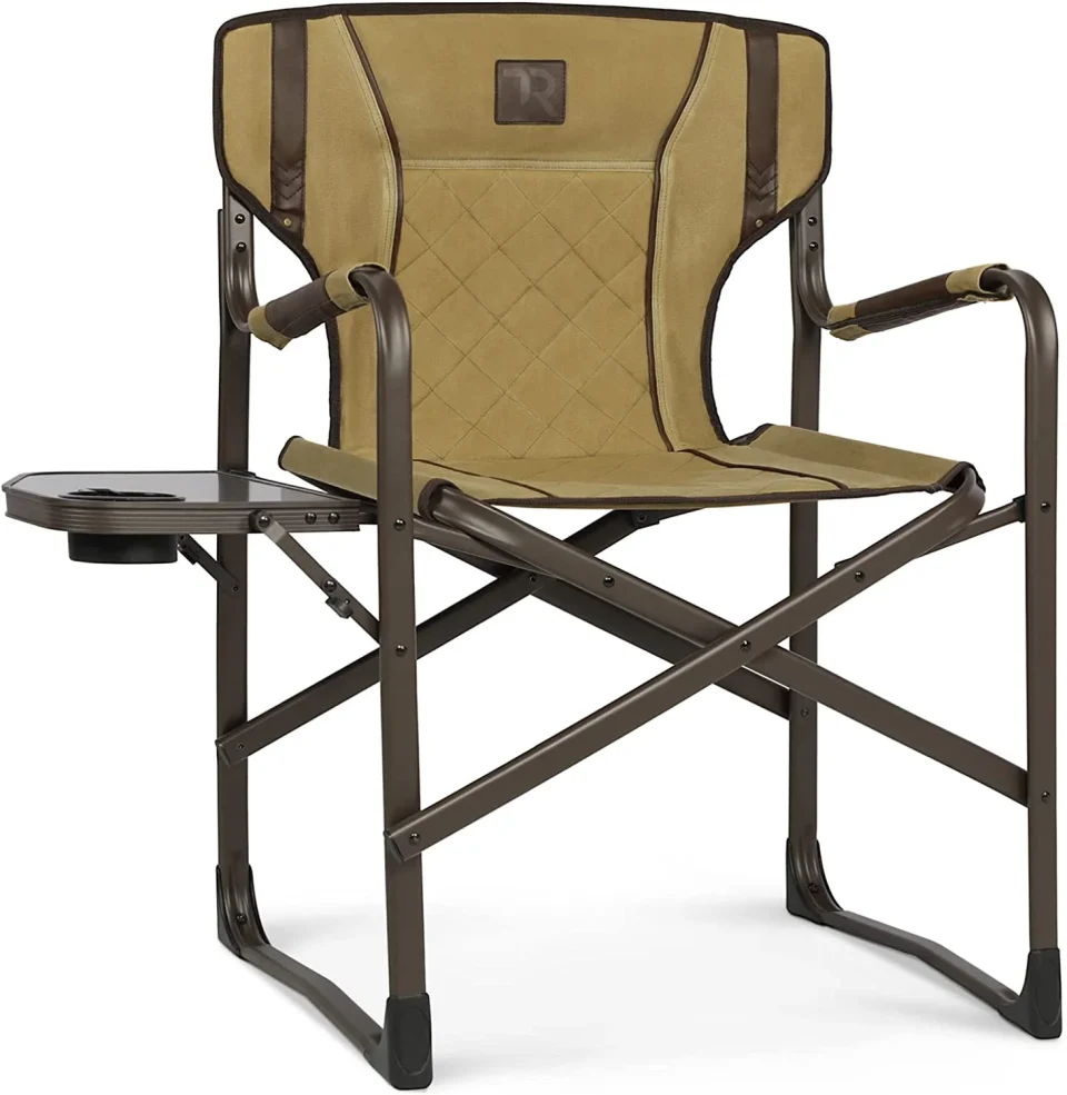 Cast Iron Oversized Folding Directors Chairs with Side Table, Portable Heavy Duty Camping Chair for Adults Support 350-lb for Outdoor Picnic Lawn Hunting (Brown)