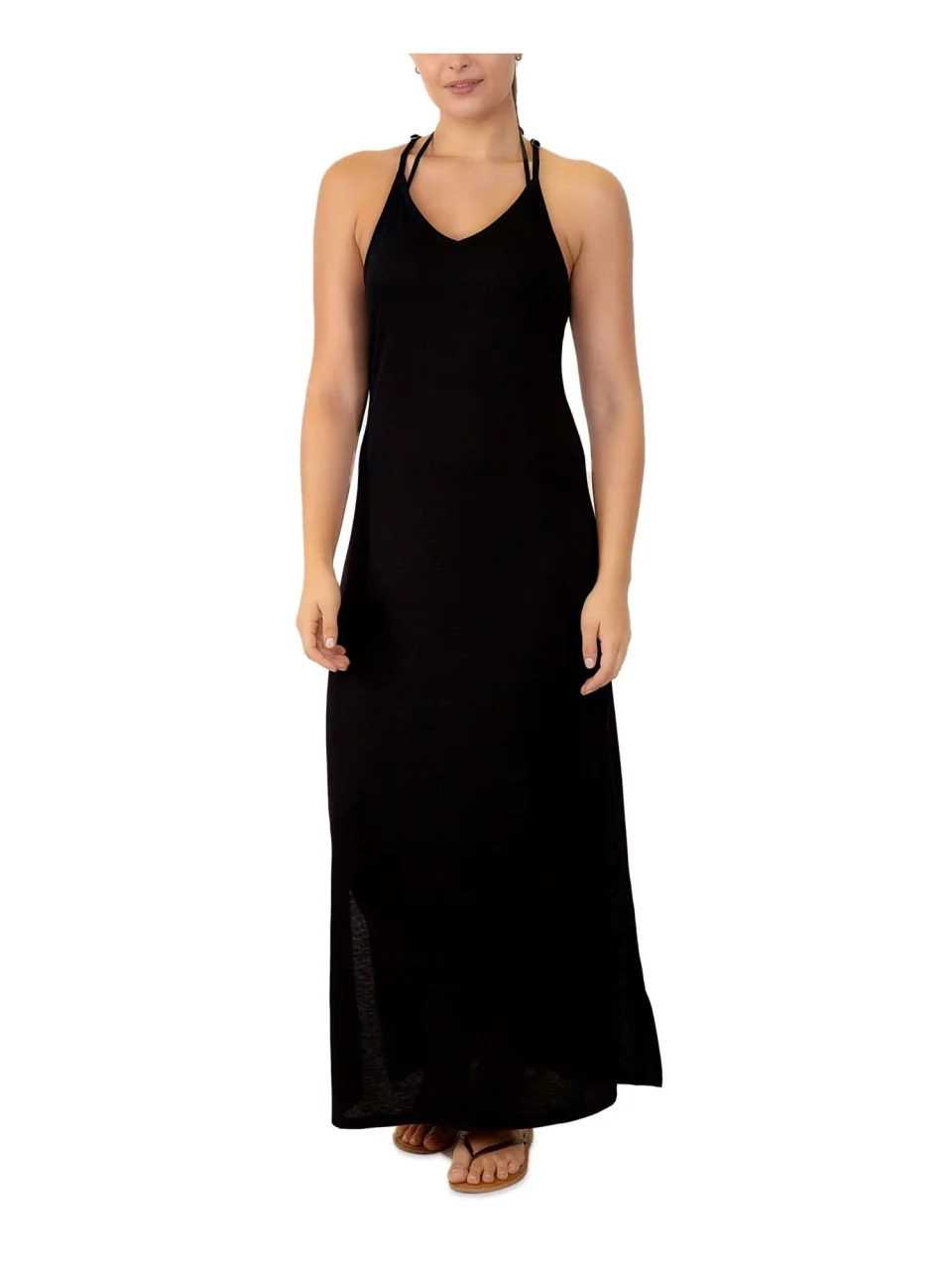 Core MIKEN Women's Black Racerback Maxi Slit Dress Adjustable Deep V Neck Swimsuit Cover Up XS