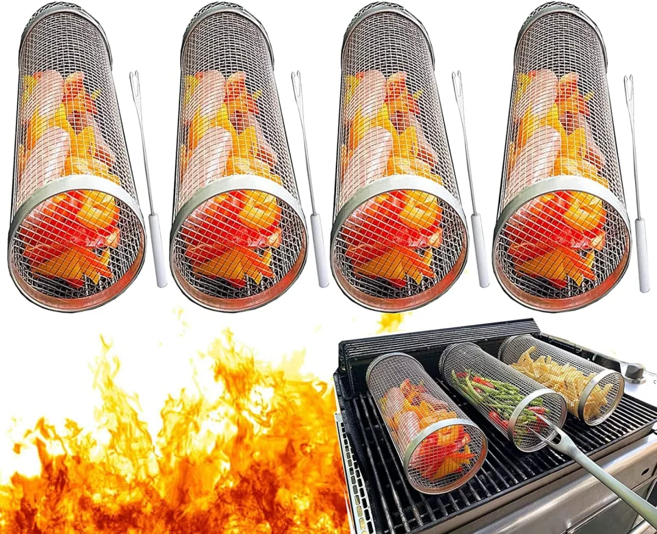 Frosted 4 PCS Rolling Grilling Basket - Greatest Grilling Basket Ever, Round Stainless Steel BBQ Grill Mesh, Camping Barbecue Rack for Vegetables, French Fries, Fish (11.8x3.54x3.54 inch)