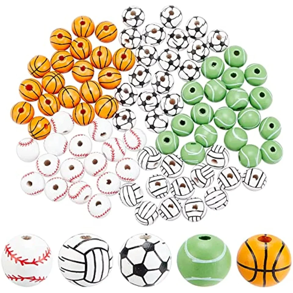 Home 100Pcs 5 Styles Sport Beads Wood Beads Garland Sports Ball Bead 16mm Natural Wooden Beads Football Basketball Baseball Soccer Bead Kit for Crafting Wall Hanging Indoor Outdoor Decoration