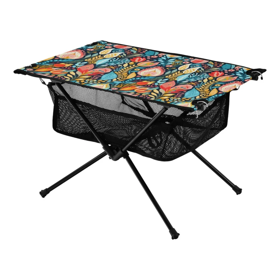 Storage Space-Saving Flowers Floral Camping Foldable Portable Table Beach Table with Storage Bag Compact Picnic Table for Outdoor Hiking Fishing BBQ