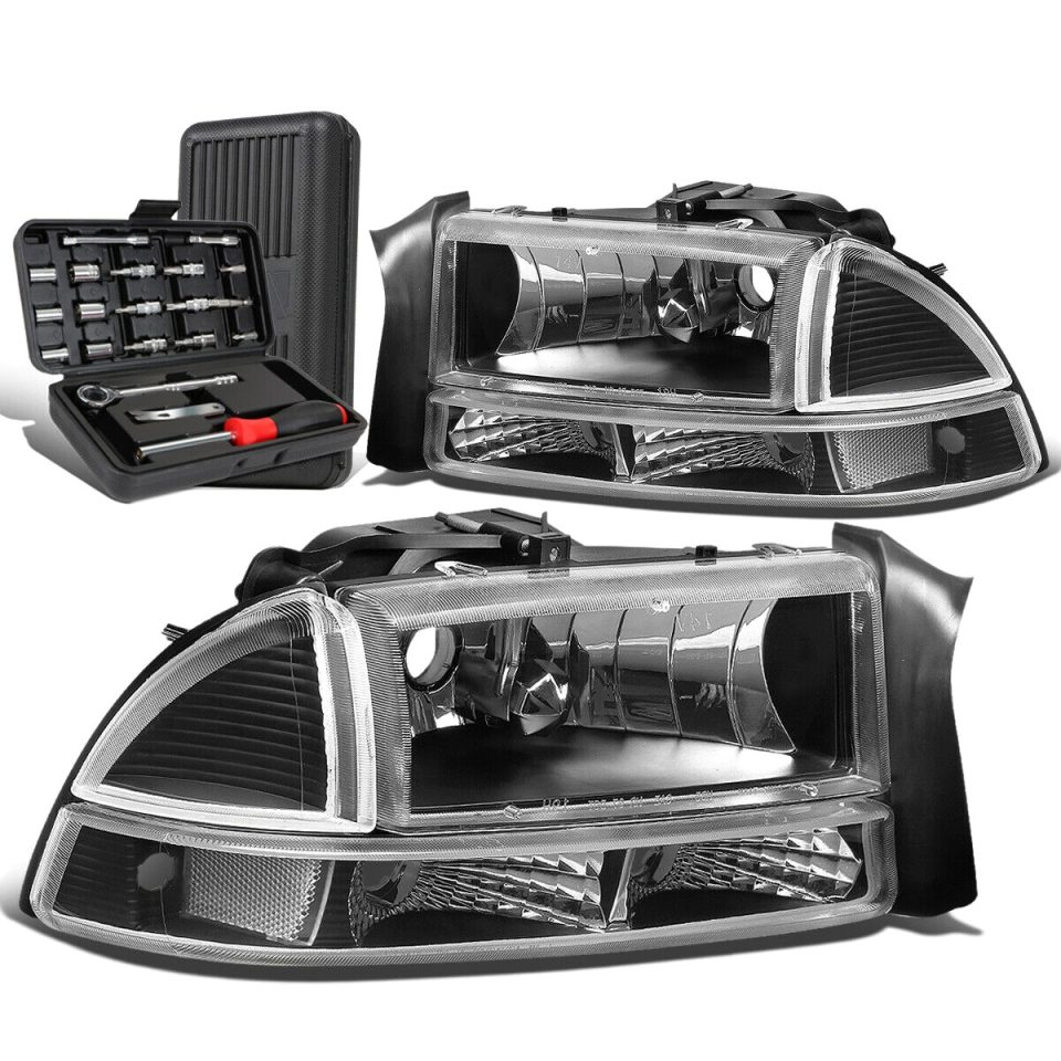 Polished Lightweight 1997-2004 Dodge Durango Pair Black Headlight Clear Bumper Lamp Set+Tool Box