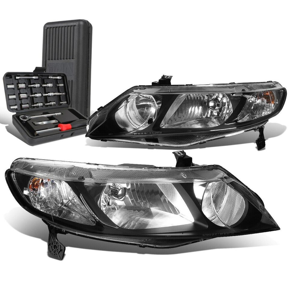 Wooden 2006-2011 Honda Civic Sedan Pair Black/Clear Signal Headlight Lamp+Tool Box