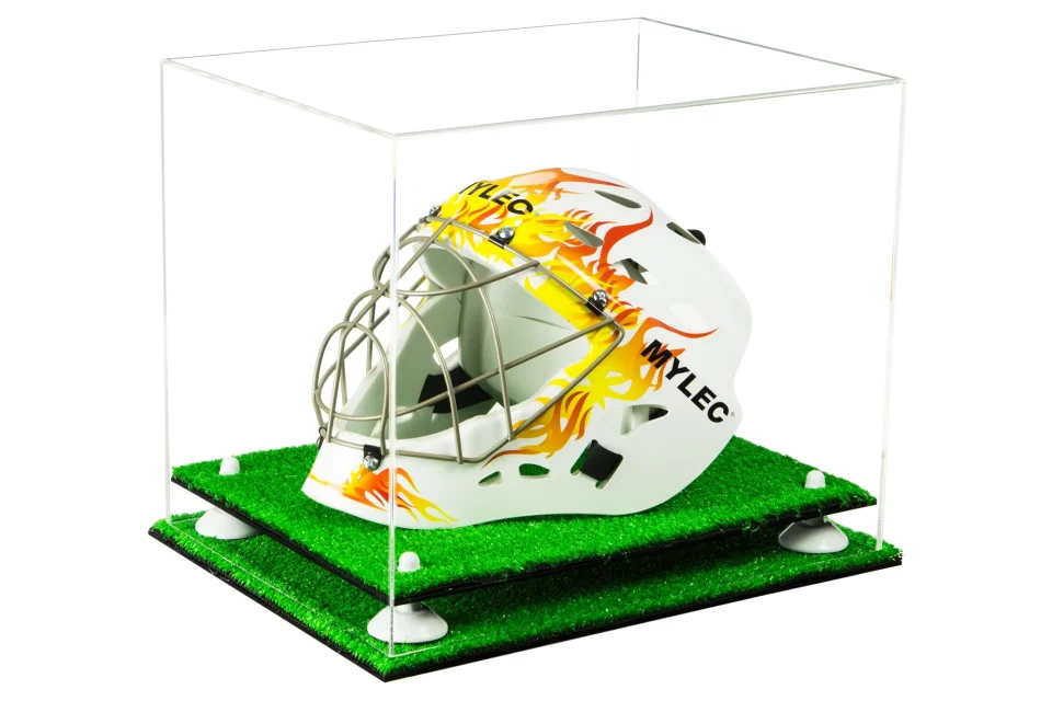 Easy-Clean Deluxe Clear Acrylic Lacrosse Helmet Display Case with White Risers and Turf Base (A002-WR)
