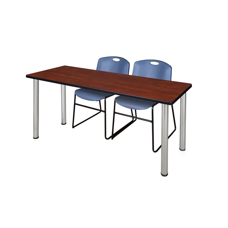 Outdoor Belen Kox 60 x 24 Kee Training Table- Cherry/ Chrome & 2 Zeng Stack Chairs- Blue