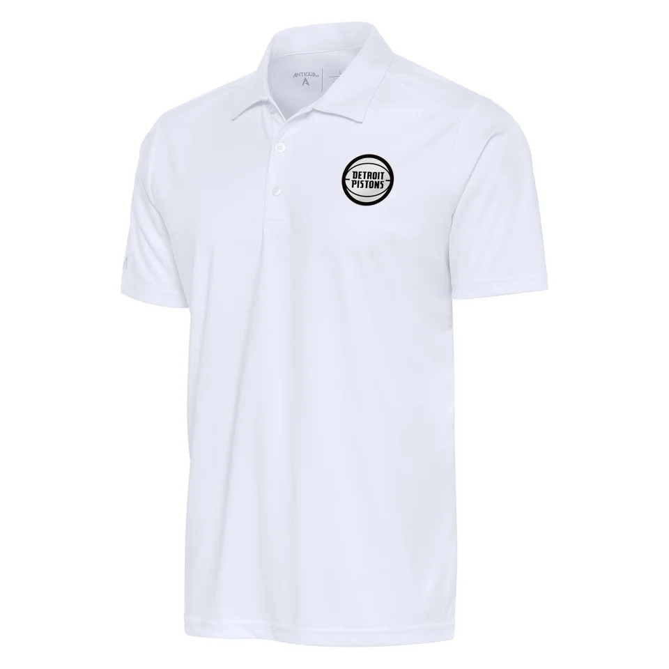 Supreme Travel Men's Antigua White Detroit Pistons Metallic Logo Tribute Polo