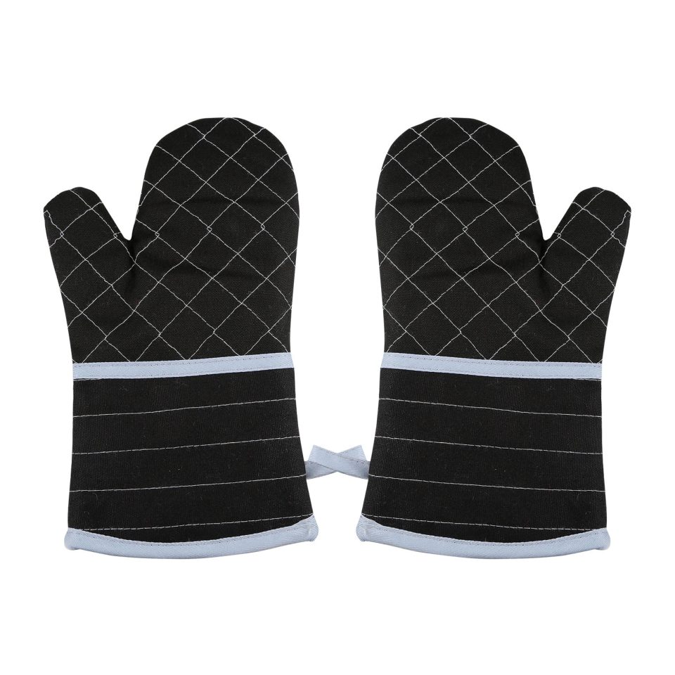 Non-Toxic Cast Iron Vistreck 1 Pair Extended Oven Mitts Heat-Insulating 260��/500��F Kitchen-Gloves Thick Terrycloth Lining Grids Horizontal Stripes Pattern for Kitchen Cooking Baking Grilling BBQ, 12.2 Inch Black