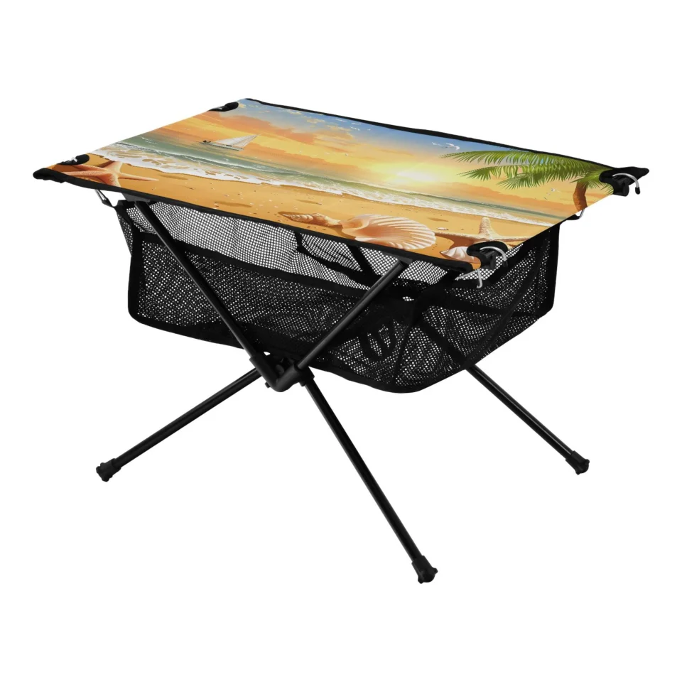 Supreme Office Seastar Seashell with Sunset Camping Folding Table Portable Beach Table with Storage Bag Compact Picnic Table for Outdoor Travel Fishing BBQ