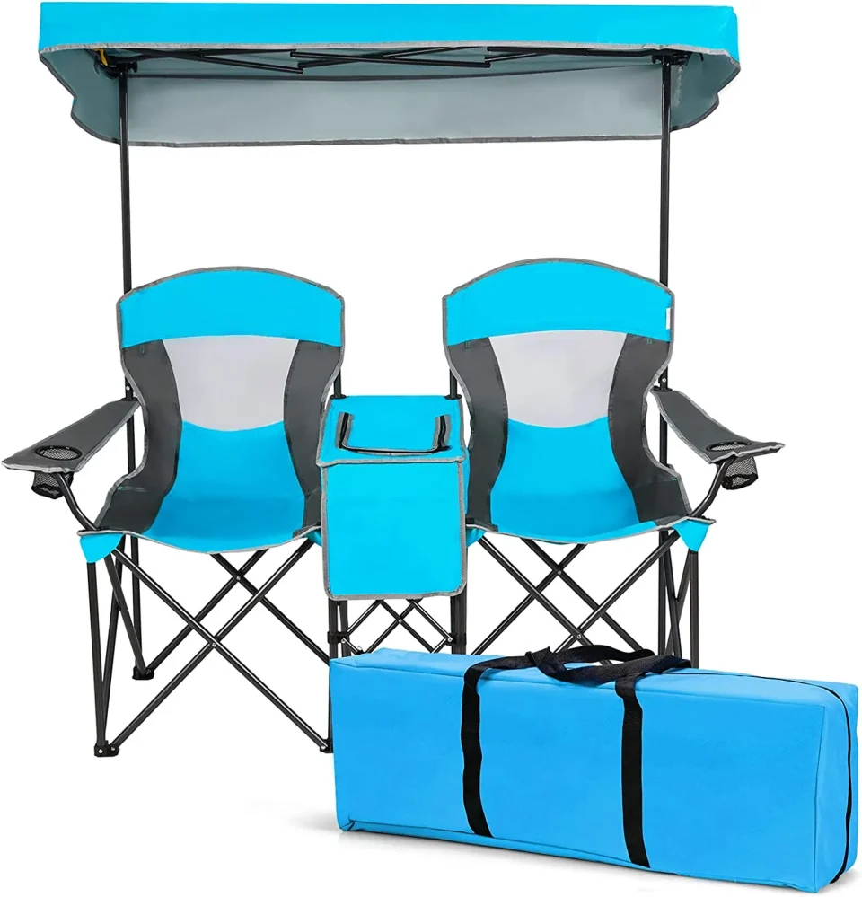 Safe Double Camping Chair, Folding Camping Chair with Canopy Shade & Mini Table, Beverage Cup Holder Carrying Bag, Camp Canopy Chairs, 2-Person Loveseat Camping Chair for Adult Outdoors Sport, Blue