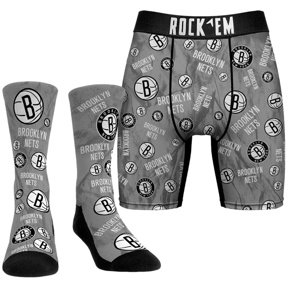 BPA-Free Men's Rock Em Socks Gray Brooklyn Nets All-Over Logo Boxer Briefs & Crew Socks Combo Pack