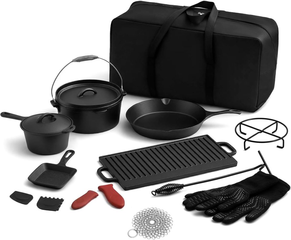 Select Geetery 15 Pcs Pre-seasoned Cast Iron Cookware Set. Dutch Oven Camping Accessories Kit with Skillet. Pan. Pot. Gloves. Lid Lifter. Storage Bag
