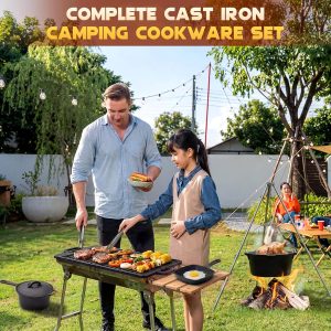 Select Geetery 15 Pcs Pre-seasoned Cast Iron Cookware Set. Dutch Oven Camping Accessories Kit with Skillet. Pan. Pot. Gloves. Lid Lifter. Storage Bag