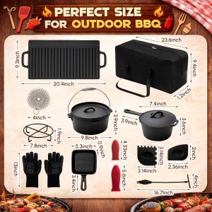 Select Geetery 15 Pcs Pre-seasoned Cast Iron Cookware Set. Dutch Oven Camping Accessories Kit with Skillet. Pan. Pot. Gloves. Lid Lifter. Storage Bag