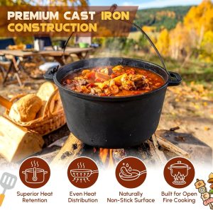 Select Geetery 15 Pcs Pre-seasoned Cast Iron Cookware Set. Dutch Oven Camping Accessories Kit with Skillet. Pan. Pot. Gloves. Lid Lifter. Storage Bag